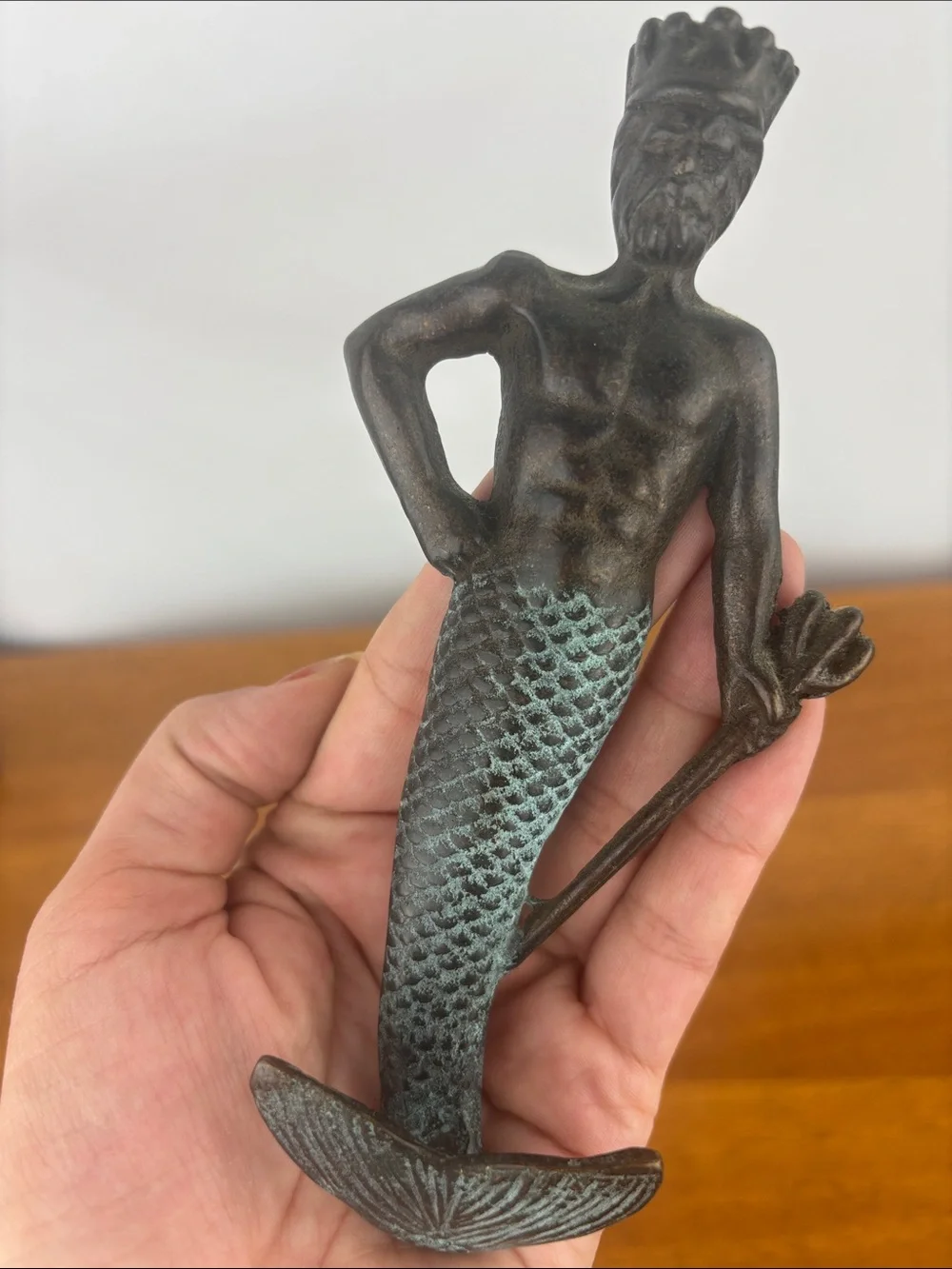 Vintage 80s-90s SPI cast iron mermaid & Neptune wall hooks pair verdigris